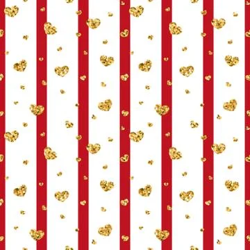 Gold heart seamless pattern. Red-white geometric stripes, golden confetti-hea Stock Illustration
