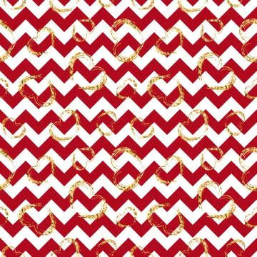 Gold heart seamless pattern. Red-white geometric zig zag, golden grunge confe 스톡 일러스트