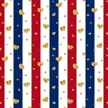 Gold heart seamless pattern. Red-blue-white geometric stripes, golden confett Stock Illustration