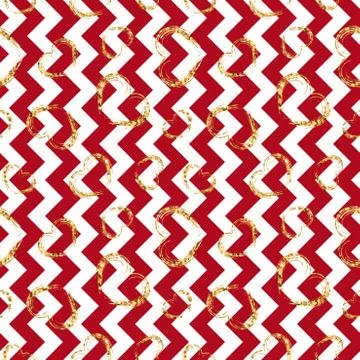 Gold heart seamless pattern. Red-white geometric zig zag, golden grunge confe Stock Illustration