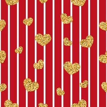 Gold heart seamless pattern. Red-white geometric stripes, golden confetti-hea Stock Illustration