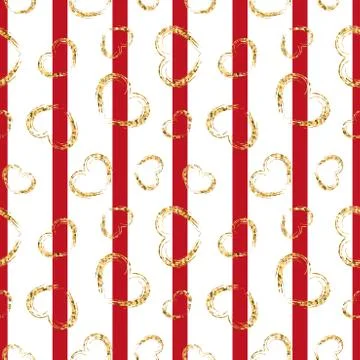 Gold heart seamless pattern. Red-white geometric stripes, golden grunge confe Stock Illustration