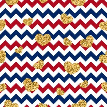 Gold heart seamless pattern. Red-blue-white geometric zig zag, golden confett 스톡 일러스트