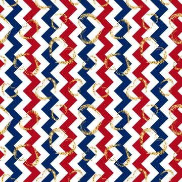 Gold heart seamless pattern. Red-blue-white geometric zig zag, golden grunge  스톡 일러스트