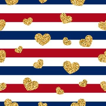 Gold heart seamless pattern. Red-blue-white geometric stripes, golden confett Stock Illustration