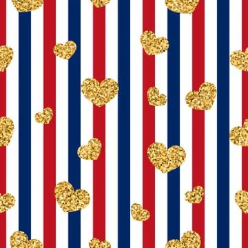 Gold heart seamless pattern. Red-blue-white geometric stripes, golden confett Stock Illustration