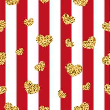 Gold heart seamless pattern. Red-white geometric stripes, golden confetti-hea Stock Illustration