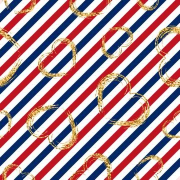 Gold heart seamless pattern. Red-blue-white geometric stripes, golden grunge  Stock Illustration
