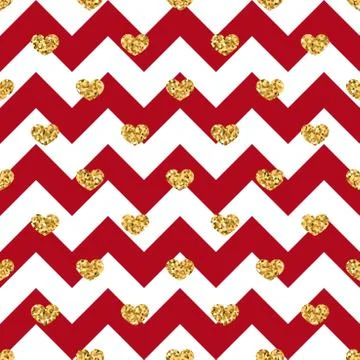 Gold heart seamless pattern. Red-white geometric zig zag, golden confetti-hea Stock Illustration
