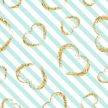 Gold heart seamless pattern. White-blue geometric stripes, golden grunge conf Stock Illustration