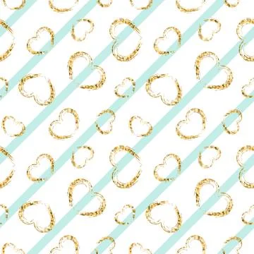 Gold heart seamless pattern. White-blue geometric stripes, golden grunge conf Stock Illustration