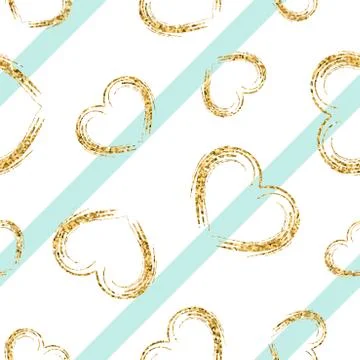 Gold heart seamless pattern. White-blue geometric stripes, golden grunge conf Stock Illustration