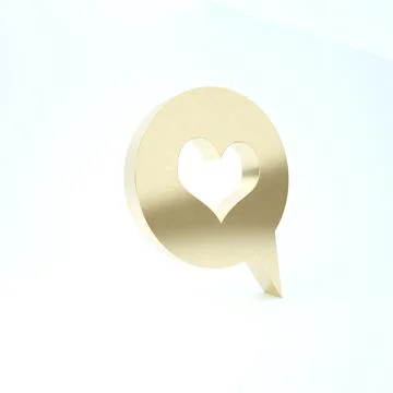 Gold Heart in speech bubble icon isolated on white background. Heart shape in Illustrazione stock
