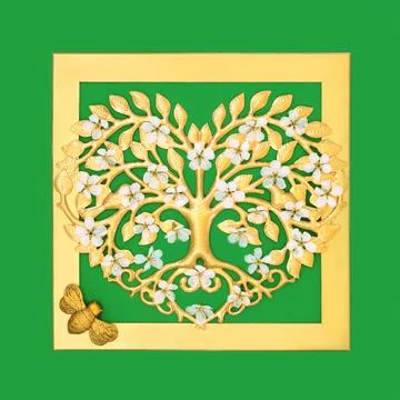 Gold Heart Tree Shape Cherry Blossom and Bee Border Stock Photos