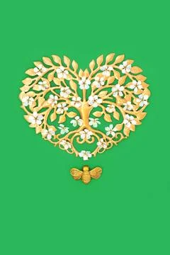 Gold Heart Tree Shape Cherry Blossom and Bee Decoration Stock Photos