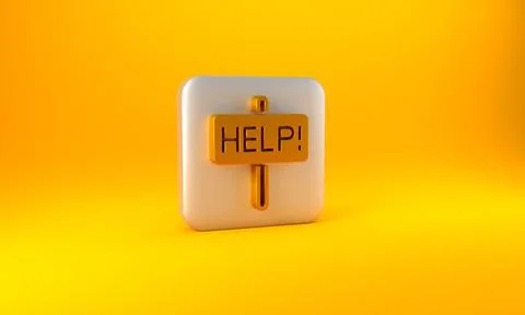 Gold Help icon isolated on yellow background. Silver square button. 3D render Stock Illustration