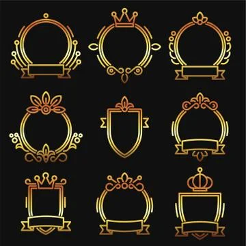 Gold Heraldic Baroque Frame Set on Black Background. Line Style Vector Stock Illustration