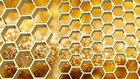 The gold hexagon or beehive pattern on Bokeh Background for sci or medical .. Stock Photos