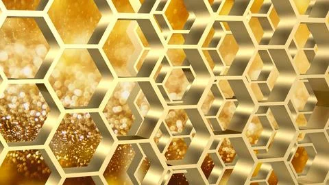 The gold hexagon or beehive pattern on Bokeh Background for sci or medical .. Stock Photos