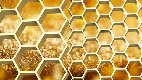 The gold hexagon or beehive pattern on Bokeh Background for sci or medical .. Stock Photos