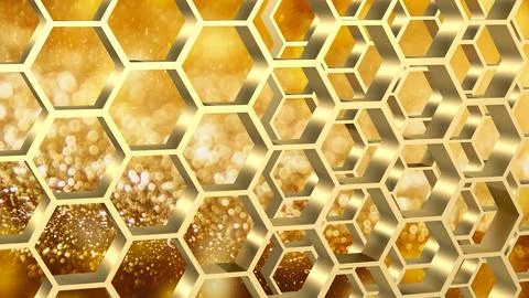 The gold hexagon or beehive pattern on Bokeh Background for sci or medical .. Stock Photos