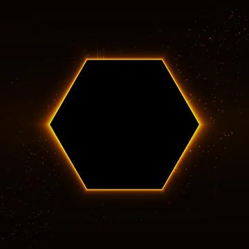 Gold hexagon shape with glow effect isolated on black background. Shiny glowing Stock-Illustration