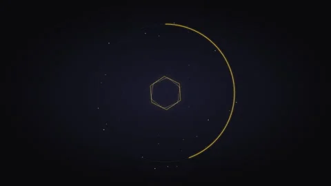 Gold Hexagonal HUD Interface Rotating and Pulsing in Dark Tech Background Stock Footage 348875820