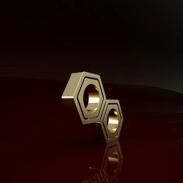 Gold Hexagonal metal nut icon isolated on brown background. Minimalism concep Illustrazione stock