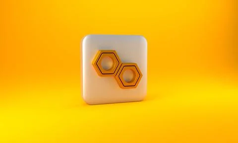 Gold Hexagonal metal nut icon isolated on yellow background. Silver square Stock Illustration