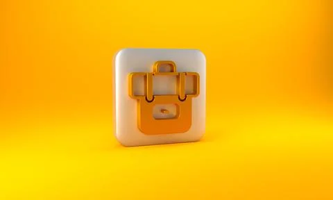 Gold Hiking backpack icon isolated on yellow background. Camping and mountain Stock Illustration