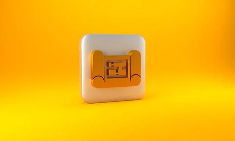 Gold House plan icon isolated on yellow background. Silver square button. 3D Stock Illustration