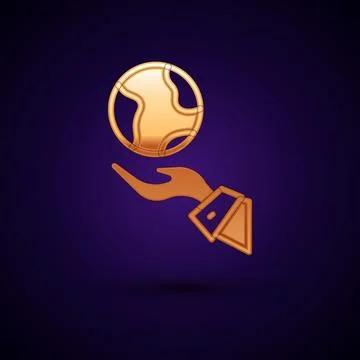 Gold Human hands holding Earth globe icon isolated on black background. Save  Stock Illustration