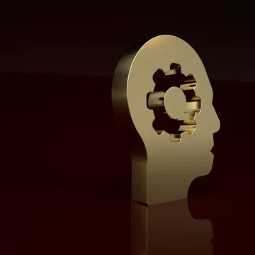 Gold Human head with gear inside icon isolated on brown background. Artificial Illustrazione stock