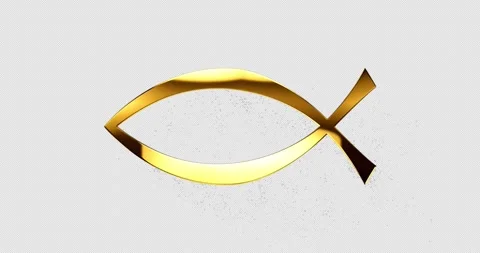 Gold Ichthys or Jesus fish symbol with glare and glittering falling particles Stock Footage 328593085