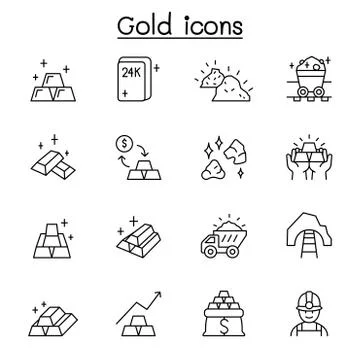 Gold icon set in thin line style Stock Illustration