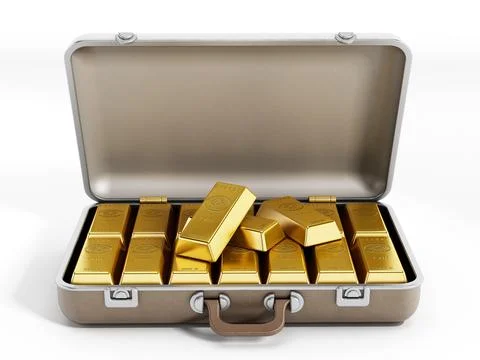Gold ingots in the briefcase isolated on white background. 3D illustration Stock Illustration