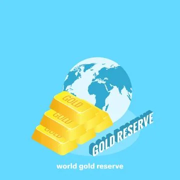 Gold ingots lined with a pyramid on the background of the globe, isometric im Stock Illustration