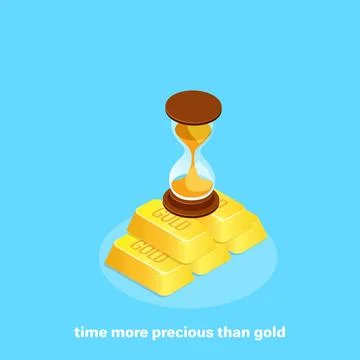 Gold ingots lined with a pyramid with a piocular clock on a blue background,  Stock Illustration
