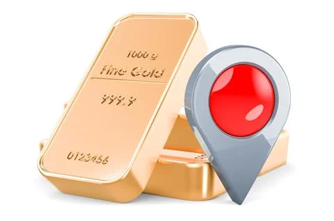 Gold ingots with map pointer, 3D rendering 스톡 일러스트
