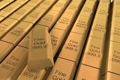Gold ingots in rows, with text "fine gold 999.9", 3d render Illustrazione stock