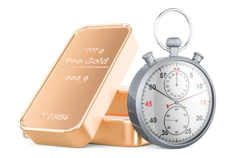 Gold ingots with stopwatch, 3D rendering 스톡 일러스트