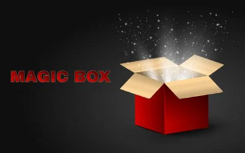 A gold inside and a red magic box outside. Realistic illustration on a dark.. Illustrazione stock