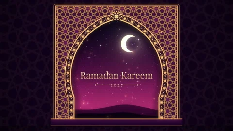 Gold Islamic arch frames crescent moon and Ramadan Kareem 2027 greeting at du Stock Footage 347673896