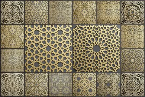 Gold islamic art 3d pattern set. Pattern islamic motif. Ramadan kareem vector Illustrazione stock