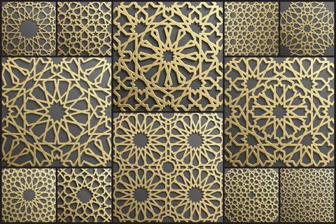 Gold islamic art 3d pattern set. Pattern islamic motif. Ramadan kareem vector イラスト素材