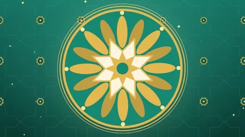 Gold Islamic geometric rosette rotating over a teal eight pointed star pattern Stock Footage 348339795