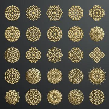 Gold Islamic ornament vector on black background, persian motiff. 3D flower Illustrazione stock