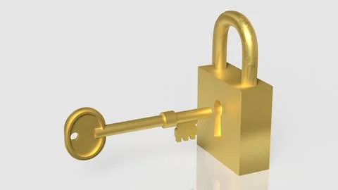 The Gold key and master for security concept 3d Rendering. 스톡 일러스트