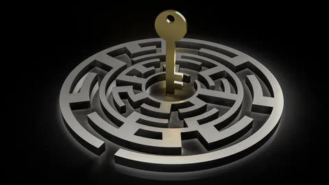 The gold key in maze on black background 3d rendering Stock Illustration
