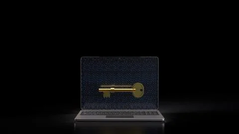 The Gold key on notebook for security technology concept 3d Rendering. Foto stock